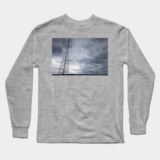 High-voltage power line against dark stormy clouds Long Sleeve T-Shirt